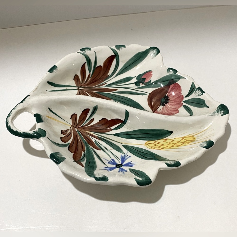 Vintage Mid-20th Century Italian Leaf Shape Pottery Divided Dish Floral Signed